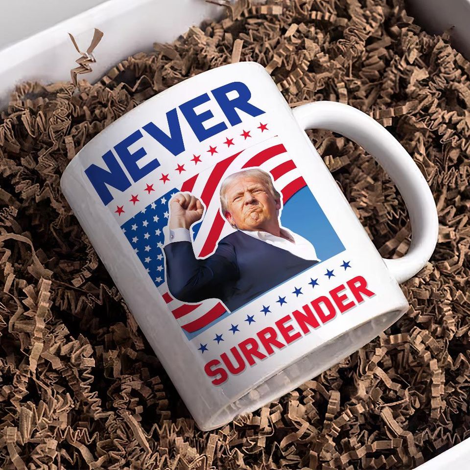 Trump Never Surrender Coffee Mug - Patriotic American Flag Design, Republican Gifts, MAGA Election Mug, Support Trump Vance 2024 Mug