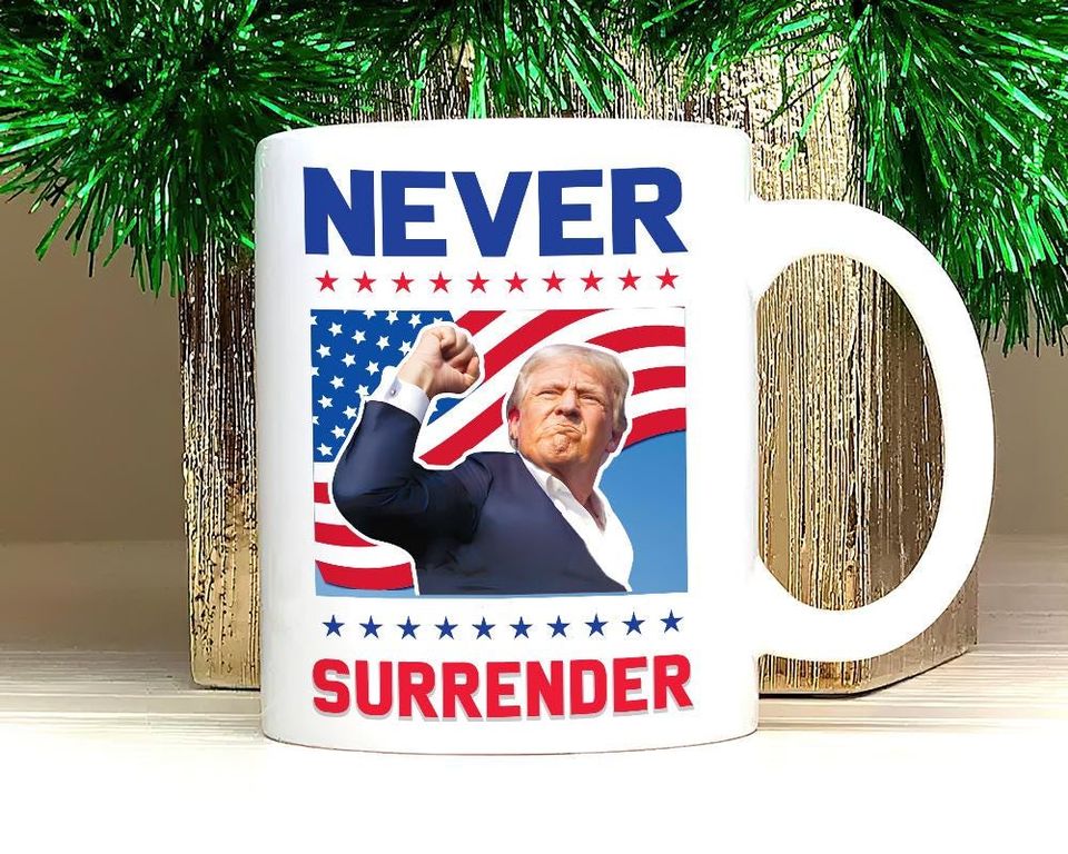 Trump Never Surrender Coffee Mug - Patriotic American Flag Design, Republican Gifts, MAGA Election Mug, Support Trump Vance 2024 Mug
