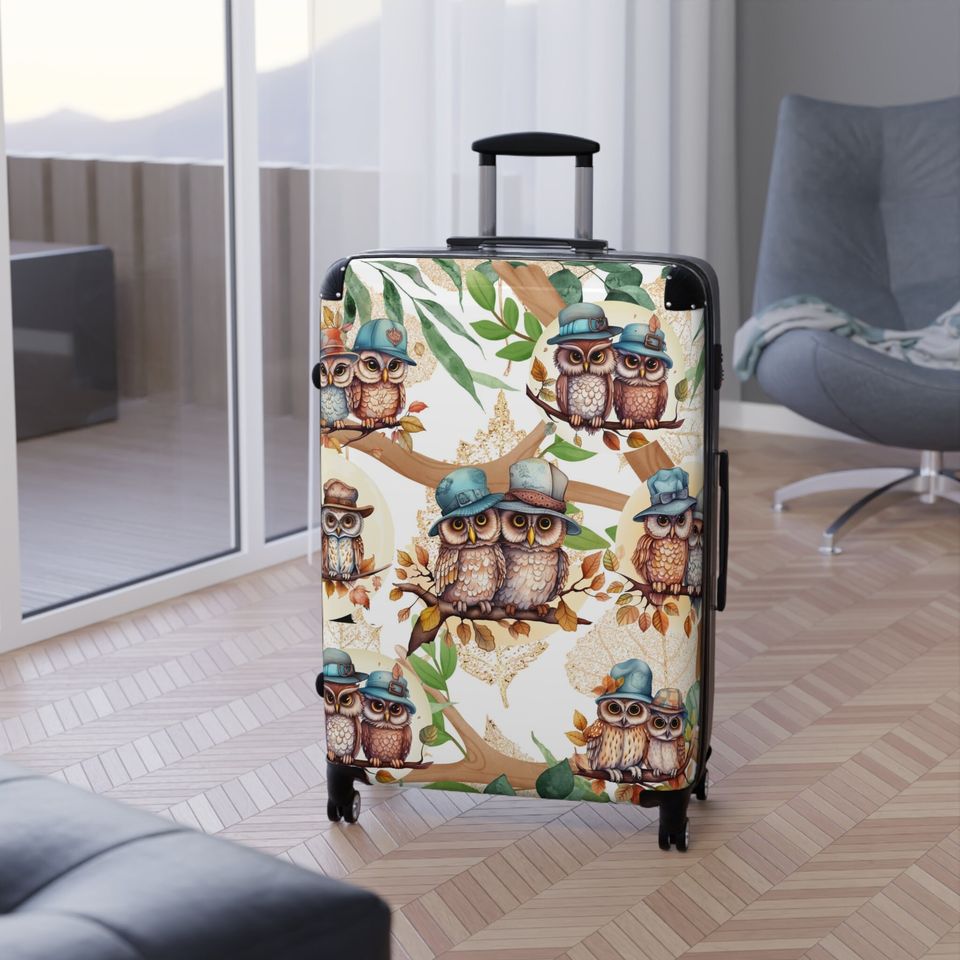 Cute Owl Suitcase on wheels, hard shell travel luggage secure and lockable for holidays, weekend, carry on suitcase