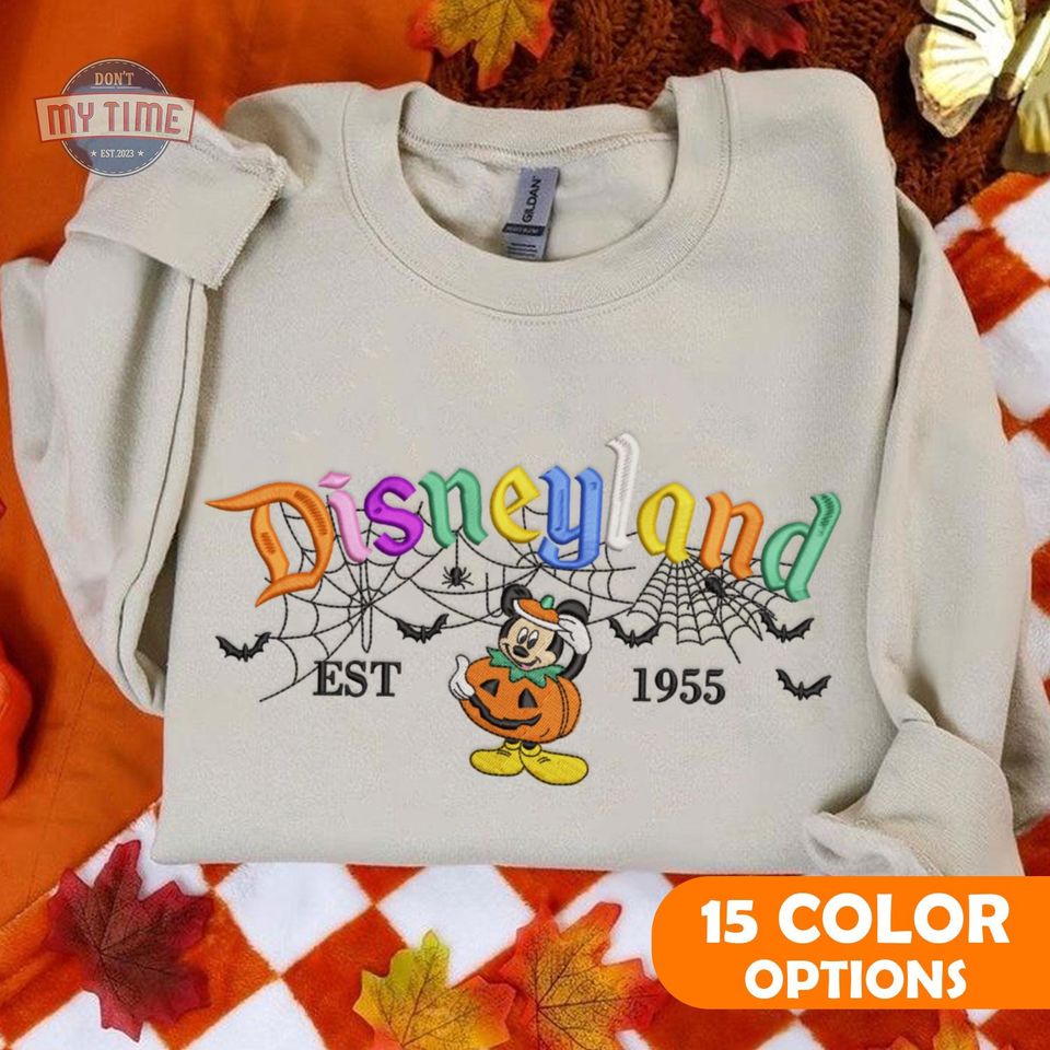 Mouse Cartoon Halloween Embroidered Sweatshirt, Pumpkin Mouse Cartoon Embroidered