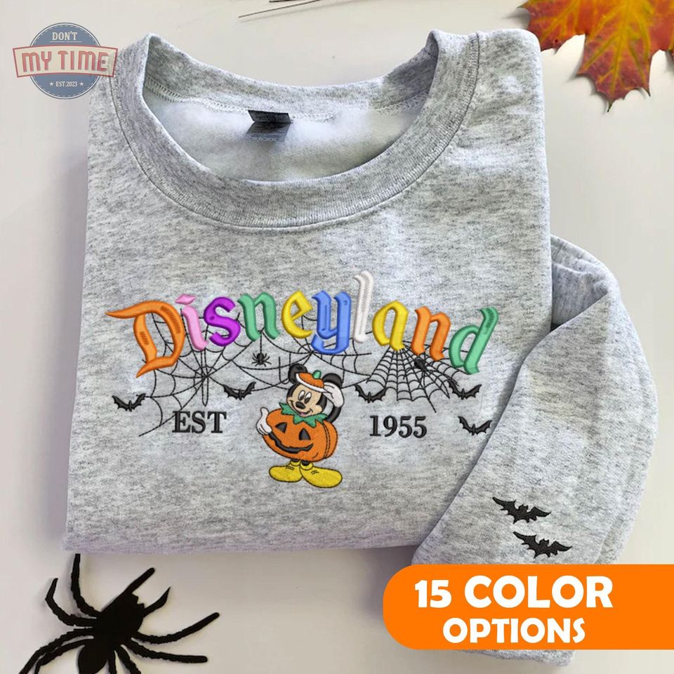 Mouse Cartoon Halloween Embroidered Sweatshirt, Pumpkin Mouse Cartoon Embroidered