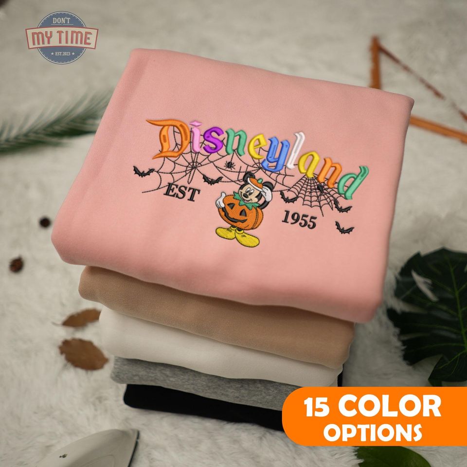 Mouse Cartoon Halloween Embroidered Sweatshirt, Pumpkin Mouse Cartoon Embroidered