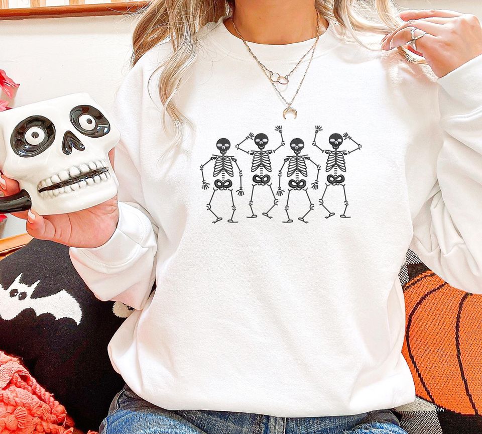 Embroidered Halloween Skeleton Sweatshirt, Dancing Skeleton Crewneck Pullover Sweater