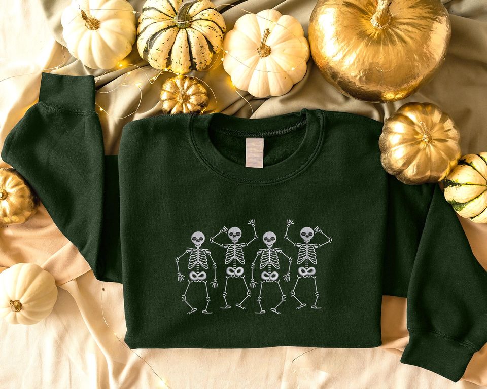 Embroidered Halloween Skeleton Sweatshirt, Dancing Skeleton Crewneck Pullover Sweater