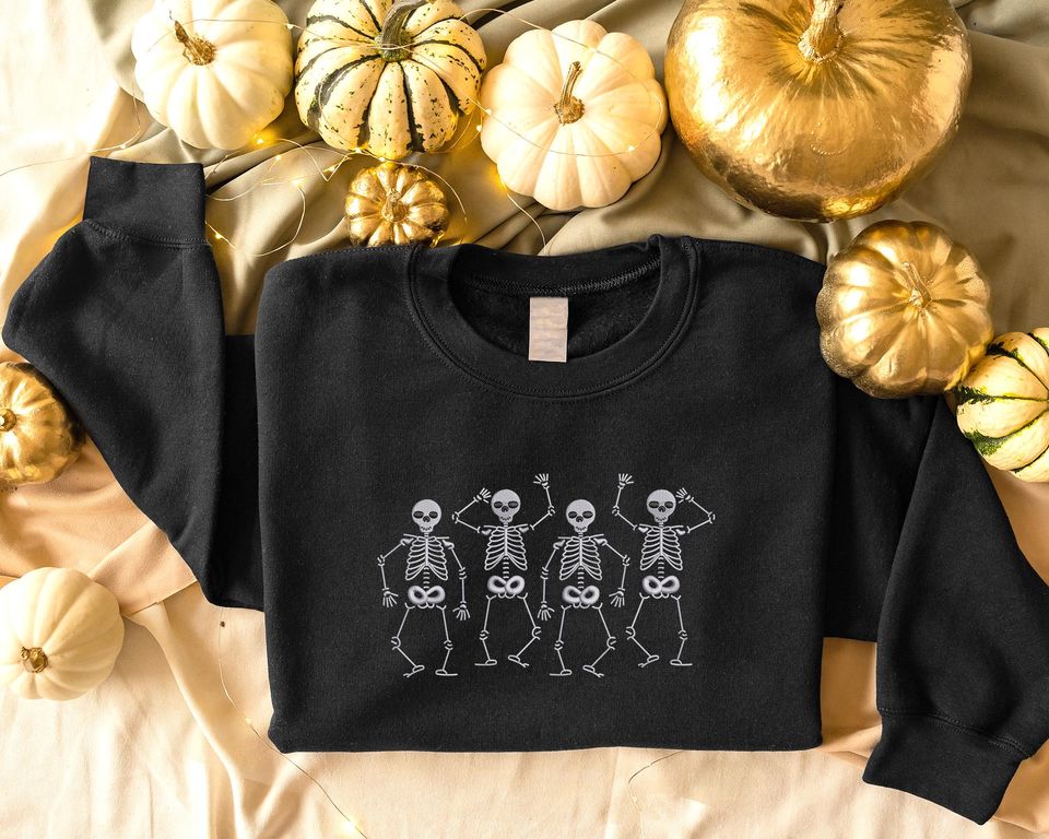Embroidered Halloween Skeleton Sweatshirt, Dancing Skeleton Crewneck Pullover Sweater