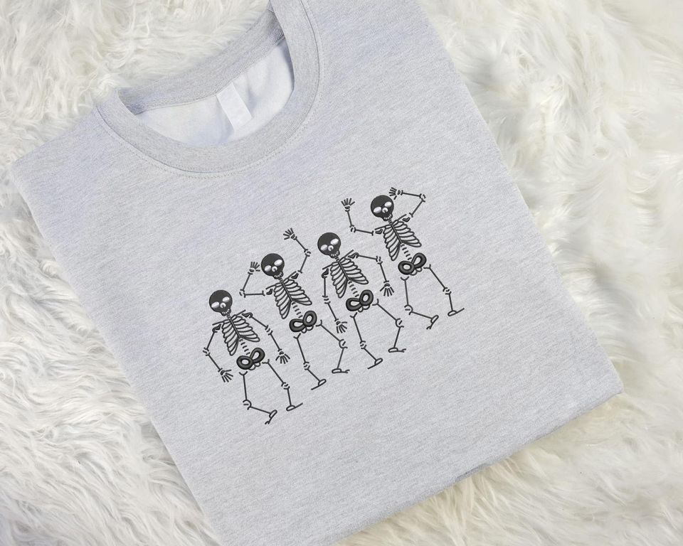 Embroidered Halloween Skeleton Sweatshirt, Dancing Skeleton Crewneck Pullover Sweater