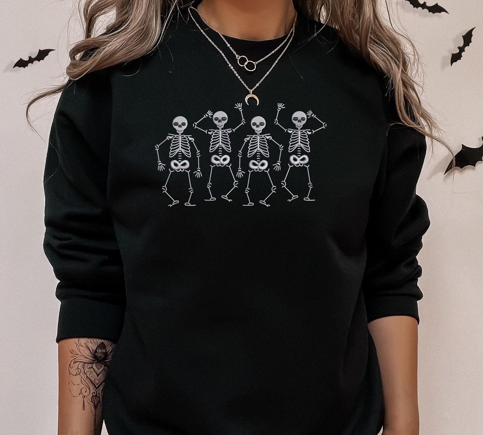 Embroidered Halloween Skeleton Sweatshirt, Dancing Skeleton Crewneck Pullover Sweater