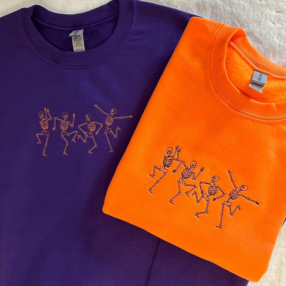 Custom Embroidered Dancing Skeleton Crewneck, Halloween Skeleton Sweatshirt