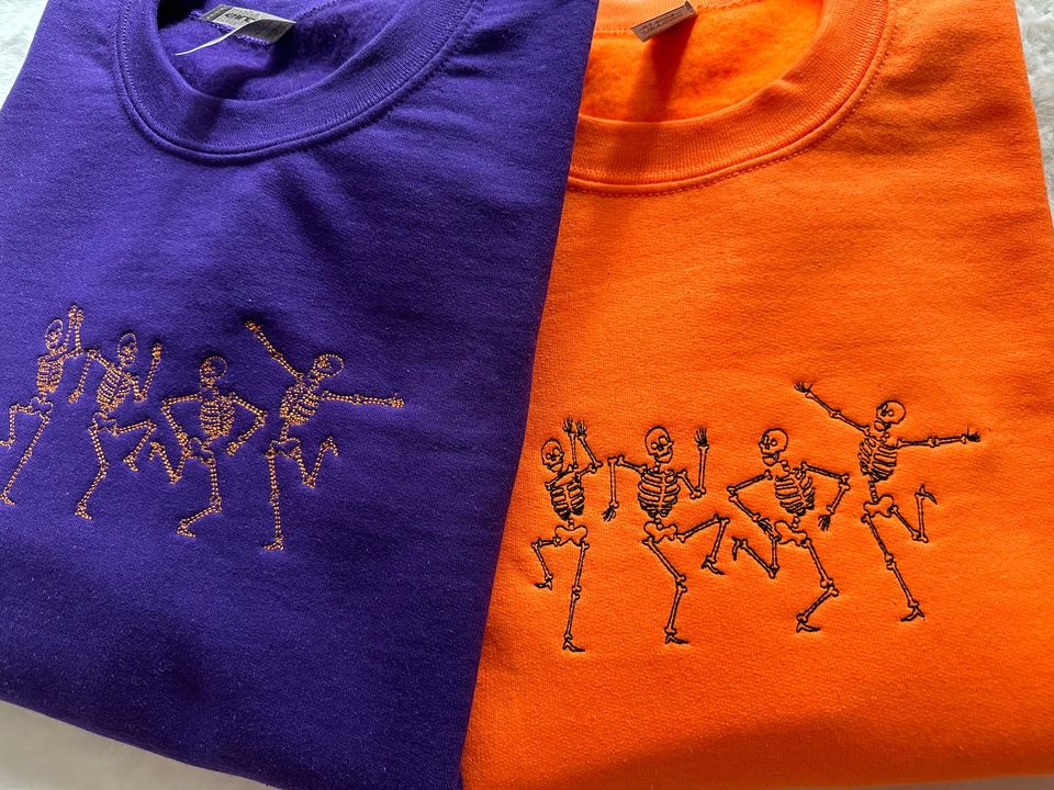 Custom Embroidered Dancing Skeleton Crewneck, Halloween Skeleton Sweatshirt