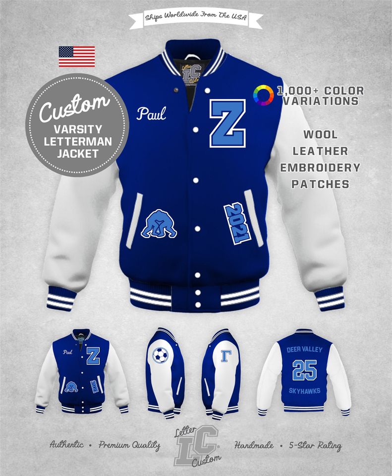 Custom Varsity Letterman Wrestling Jacket White & Royal Blue Wool Premium Authentic LetterCustom Handmade