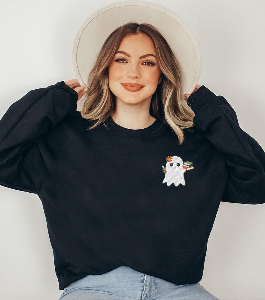 EMBROIDERED TEACHER GHOST Halloween Sweatshirt,  embroidered crewneck