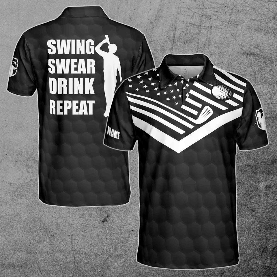 Custom Name American Golf Swing Swear Drink Repeat Polo Shirt