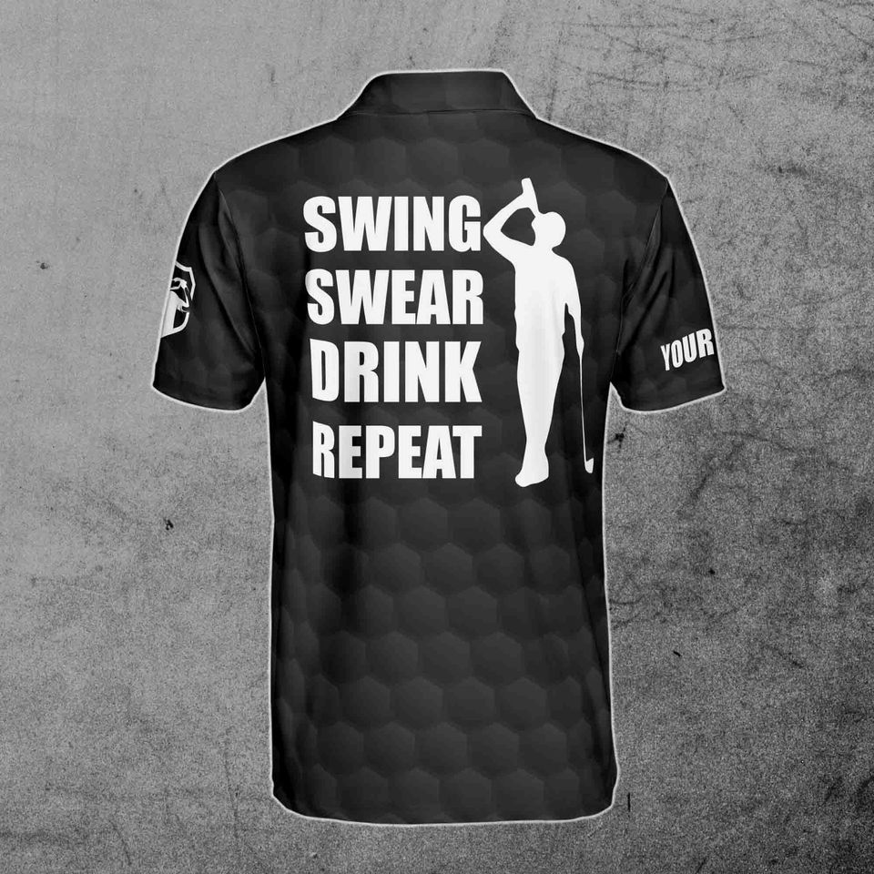 Custom Name American Golf Swing Swear Drink Repeat Polo Shirt