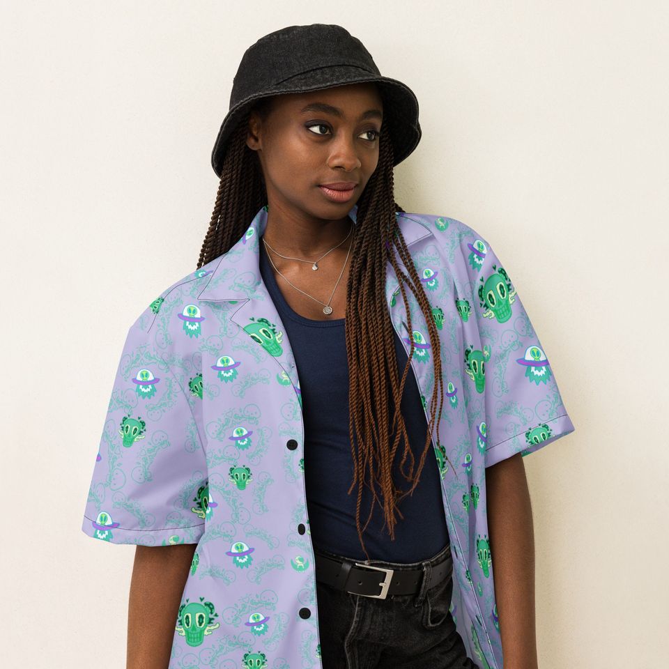 Skull and Alien Trippy Button Up Lavender