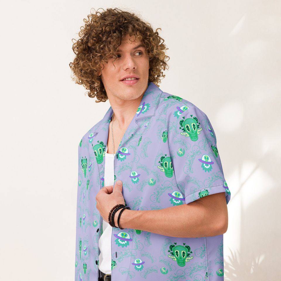 Skull and Alien Trippy Button Up Lavender