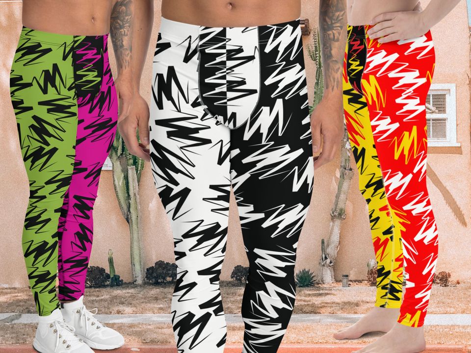 Mens Leggings Color Block, Spandex Long Tights, Wrestling Style Zigzag Patterned Meggings