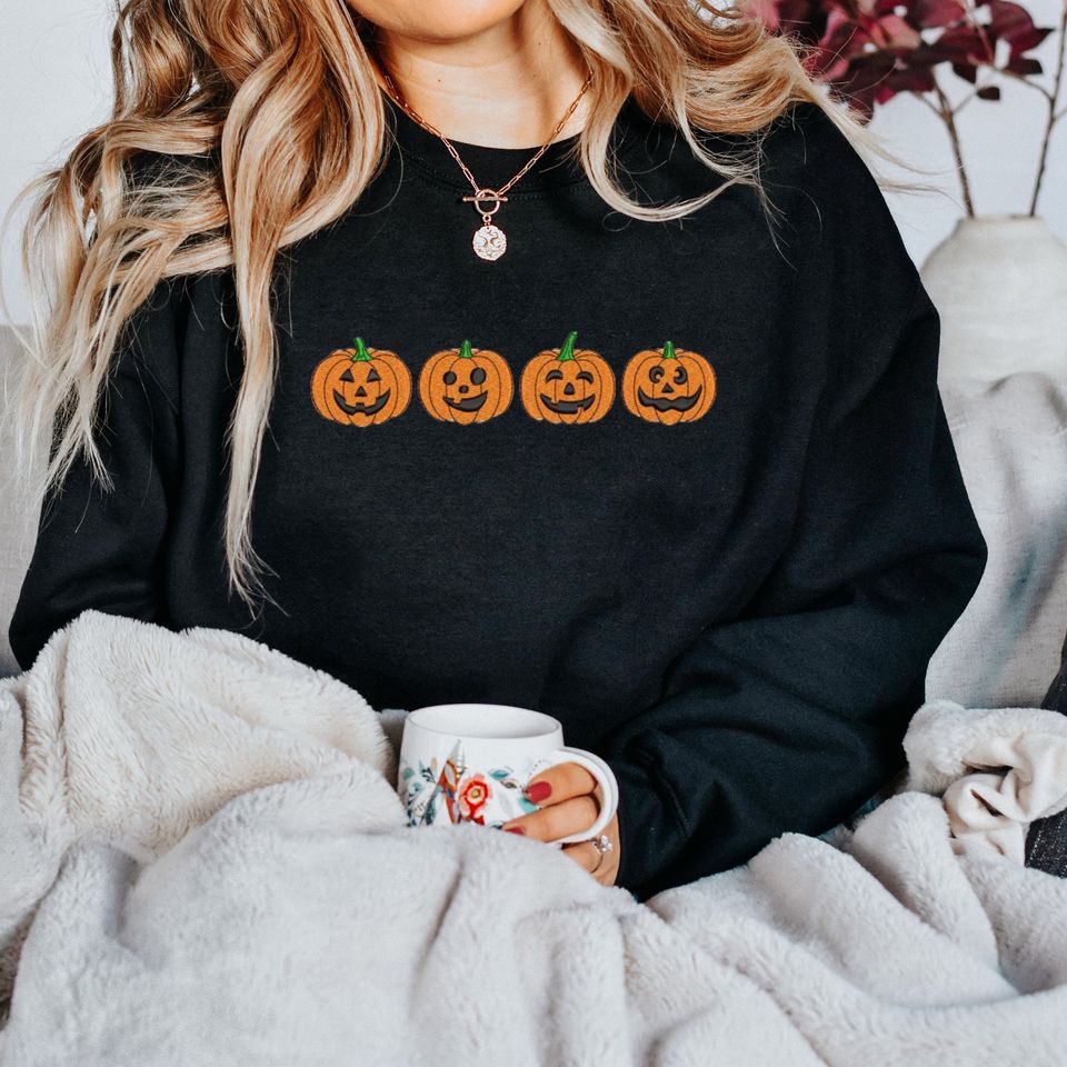 Halloween Sweatshirt Embroidered Pumpkins, Fall Sweatshirt, Pumpkin Face Sweatshirt