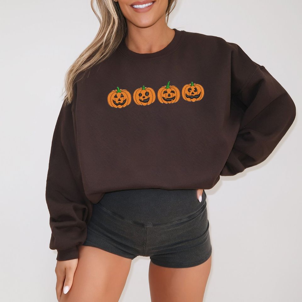 Halloween Sweatshirt Embroidered Pumpkins, Fall Sweatshirt, Pumpkin Face Sweatshirt