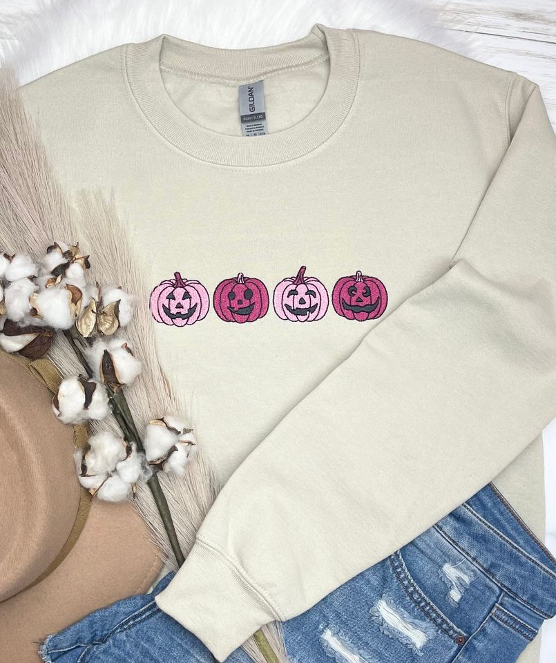 Halloween Sweatshirt Embroidered Pumpkins, Fall Sweatshirt, Pumpkin Face Sweatshirt