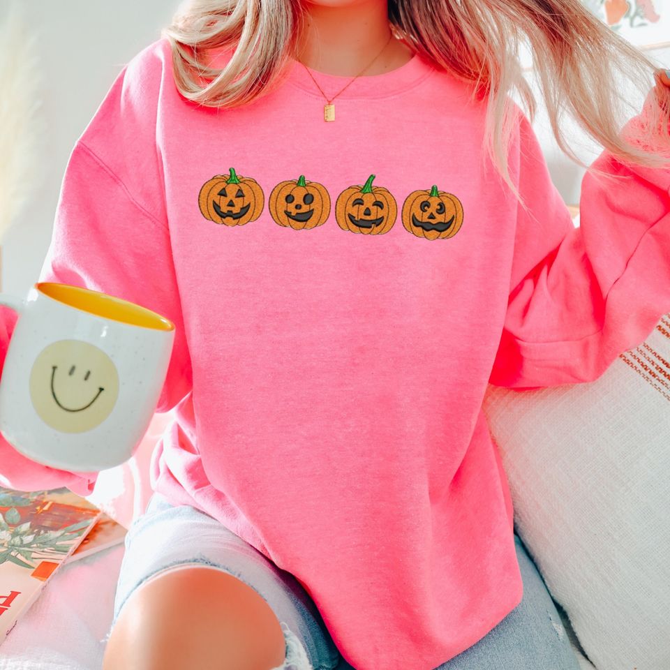 Halloween Sweatshirt Embroidered Pumpkins, Fall Sweatshirt, Pumpkin Face Sweatshirt