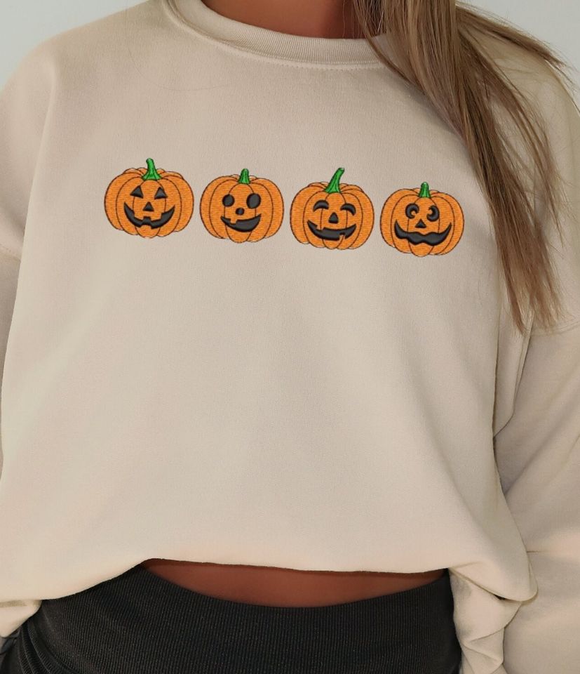 Halloween Sweatshirt Embroidered Pumpkins, Fall Sweatshirt, Pumpkin Face Sweatshirt