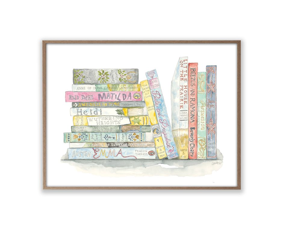 Book Stack for Girls Story Art Poster Watercolor
