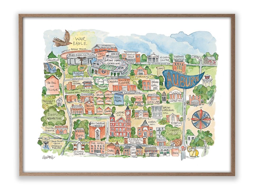 Auburn Albm Campus Map Watercolor Art Poster Football