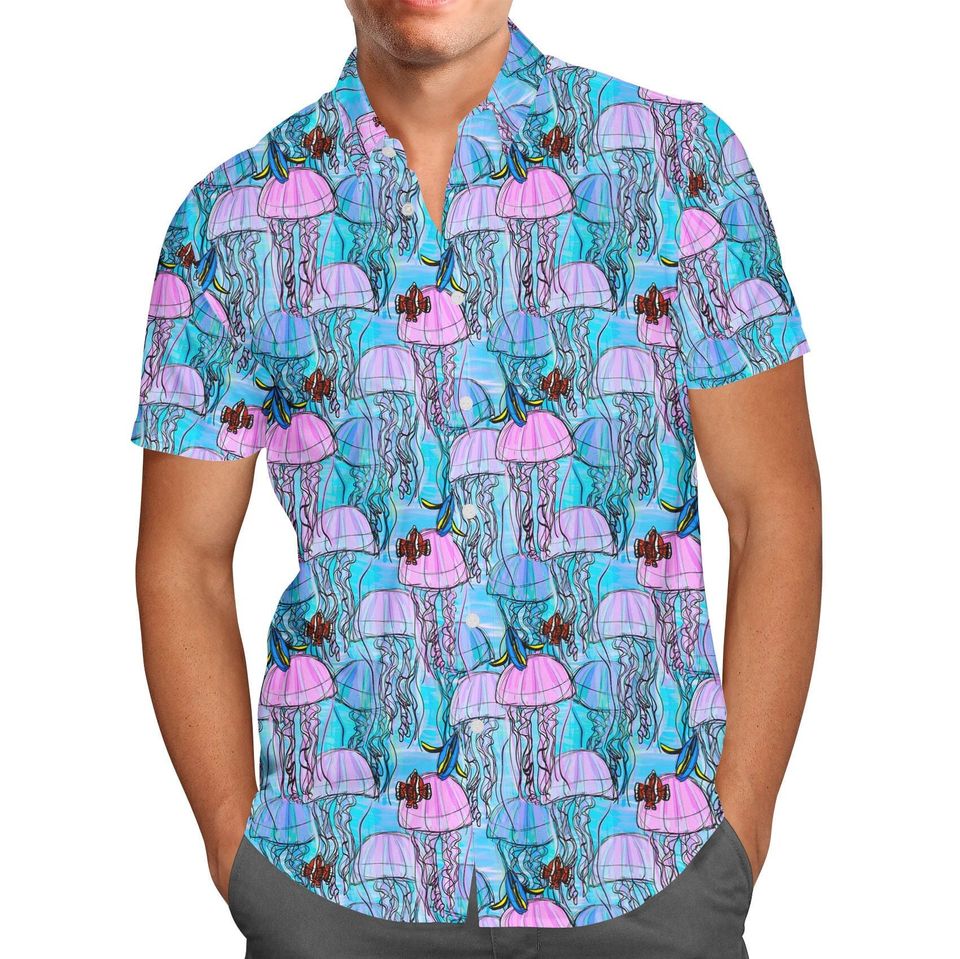 Jellyfish Jumping - Theme Park Inspired Men's Button Down Short-Sleeved Shirt