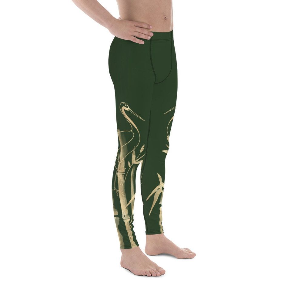 Men's Leggings  Gold Grane, Gold Bamboo Leaf, Myrtle Dark Green background
