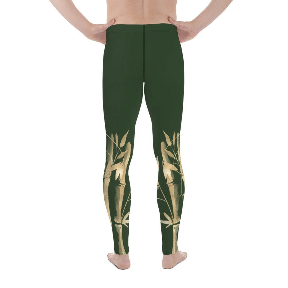 Men's Leggings  Gold Grane, Gold Bamboo Leaf, Myrtle Dark Green background