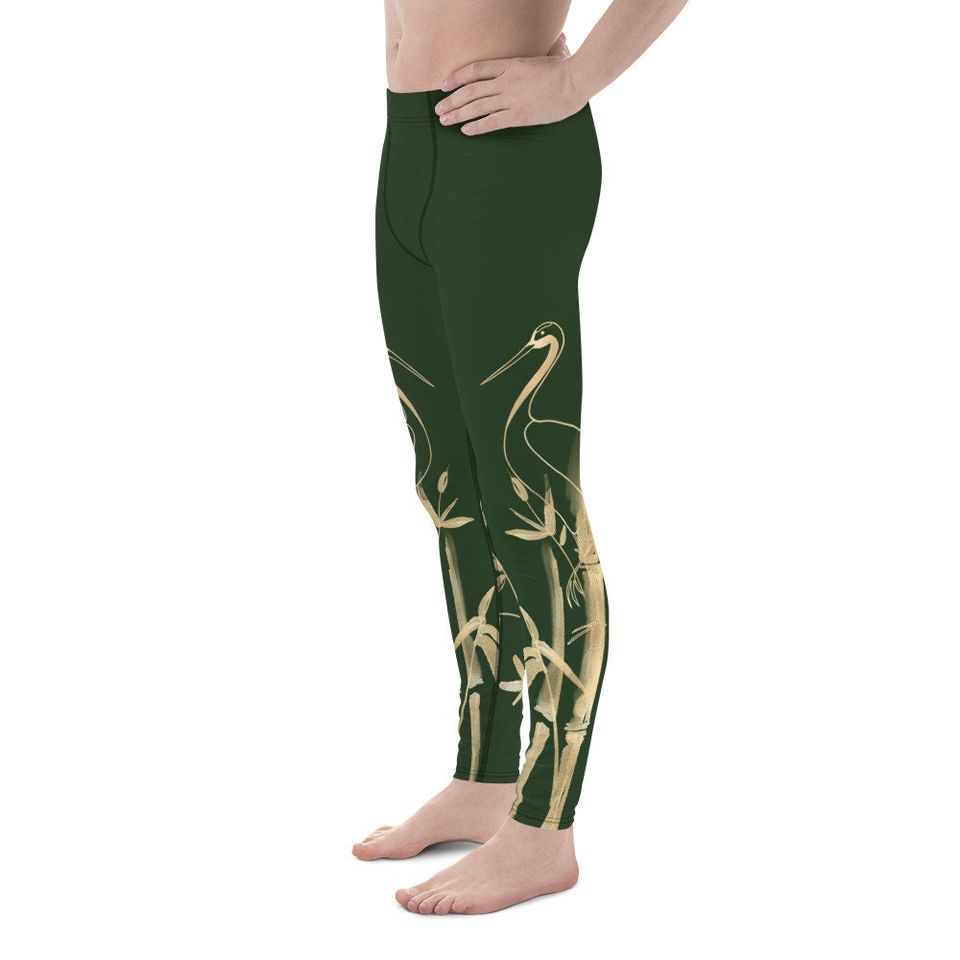 Men's Leggings  Gold Grane, Gold Bamboo Leaf, Myrtle Dark Green background