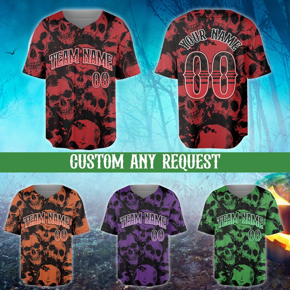 Personalized Skull Halloween Baseball Jersey, Custom Name Spooky Season Jersey