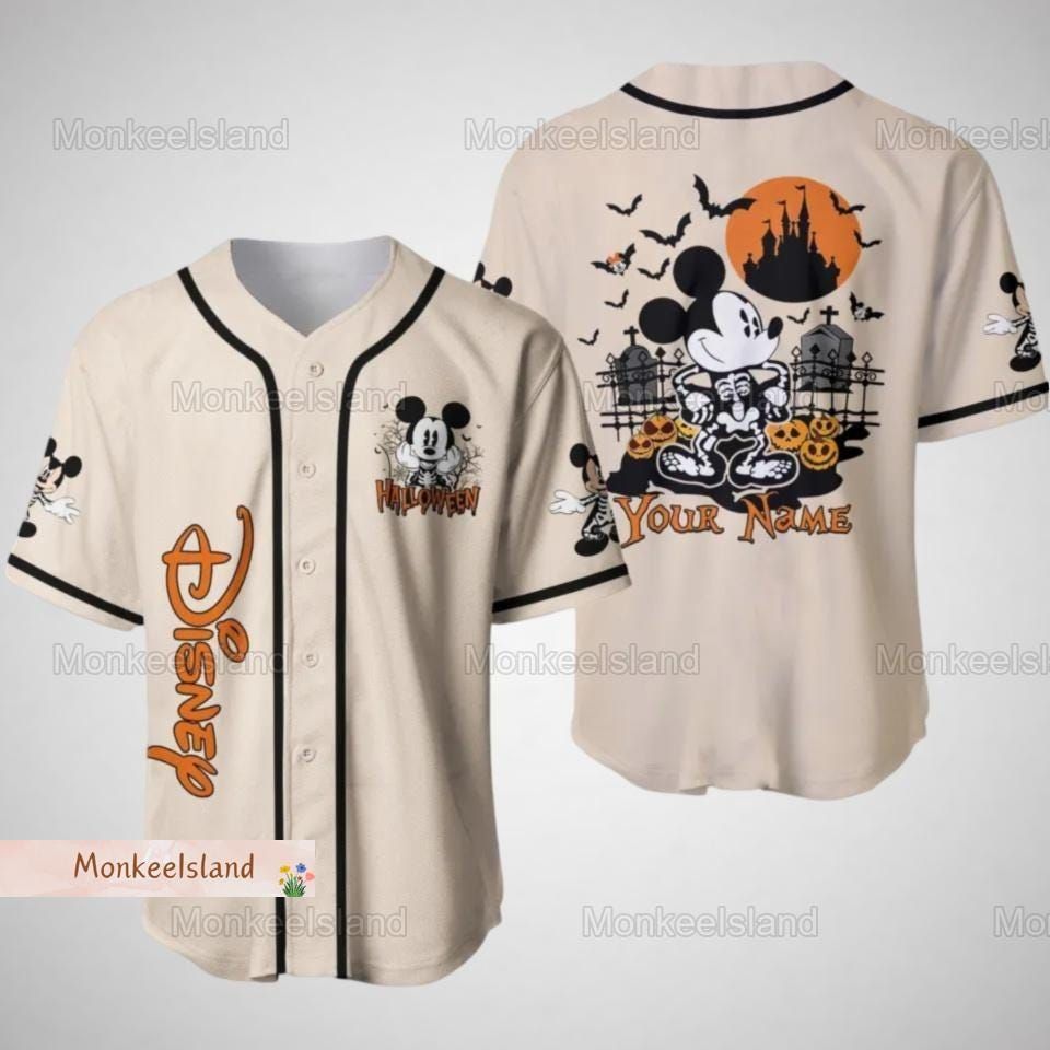 Personalized Mickey Halloween Baseball Jersey, Mickey Skeleton Basketball Jersey