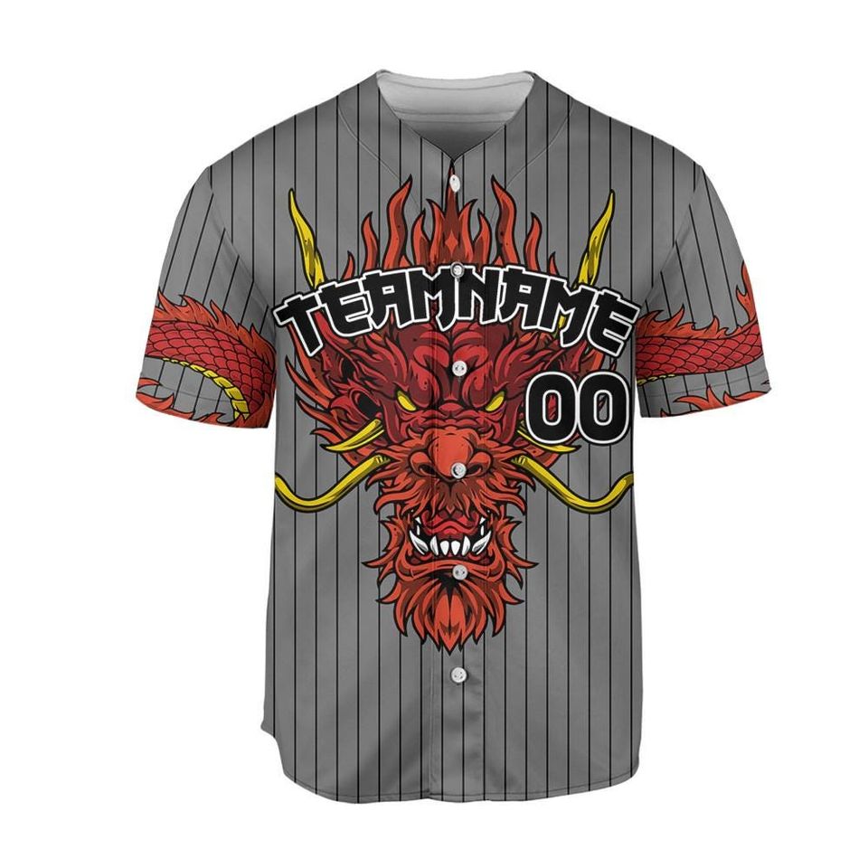 Personalize Team Name Devilish Dragon Striped Grey Color Baseball Jersey
