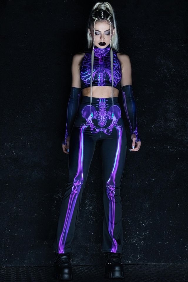 Purple Skeleton Flare Pants, Halloween pants, skeleton flare leggings for women, two piece Halloween costume, rave outfit, Halloween outfit