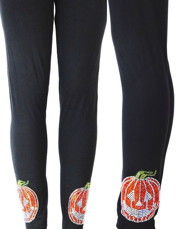 Regular Size Full Length Leggings Embellished Rhinestone & Stud Halloween Pumpkins Design