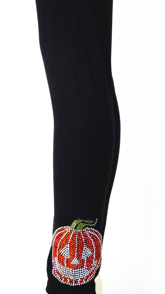 Regular Size Full Length Leggings Embellished Rhinestone & Stud Halloween Pumpkins Design