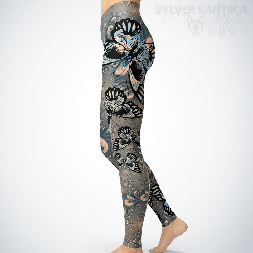 Skull Leggings Day of the Dead Skull Butterfly Leggings Blue Fractal