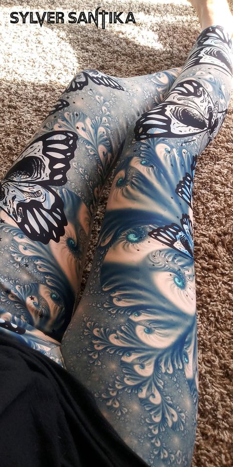 Skull Leggings Day of the Dead Skull Butterfly Leggings Blue Fractal
