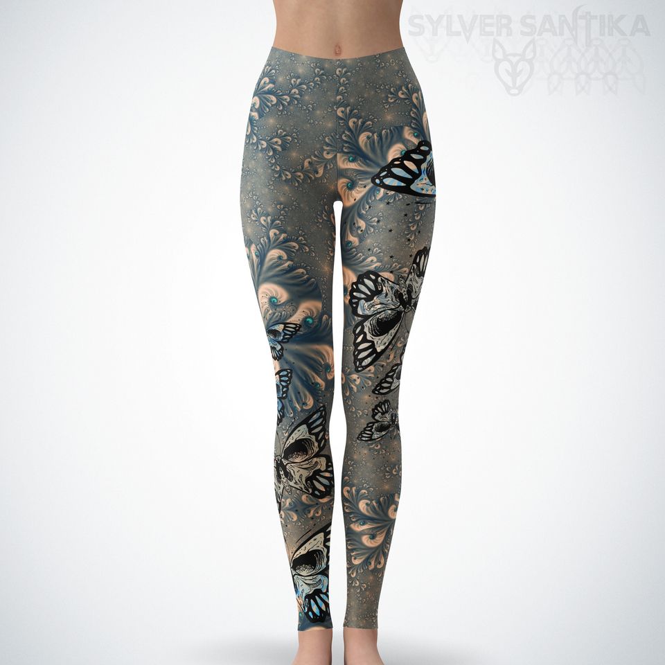 Skull Leggings Day of the Dead Skull Butterfly Leggings Blue Fractal