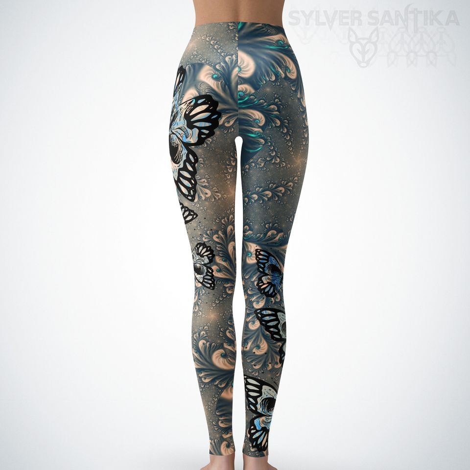 Skull Leggings Day of the Dead Skull Butterfly Leggings Blue Fractal