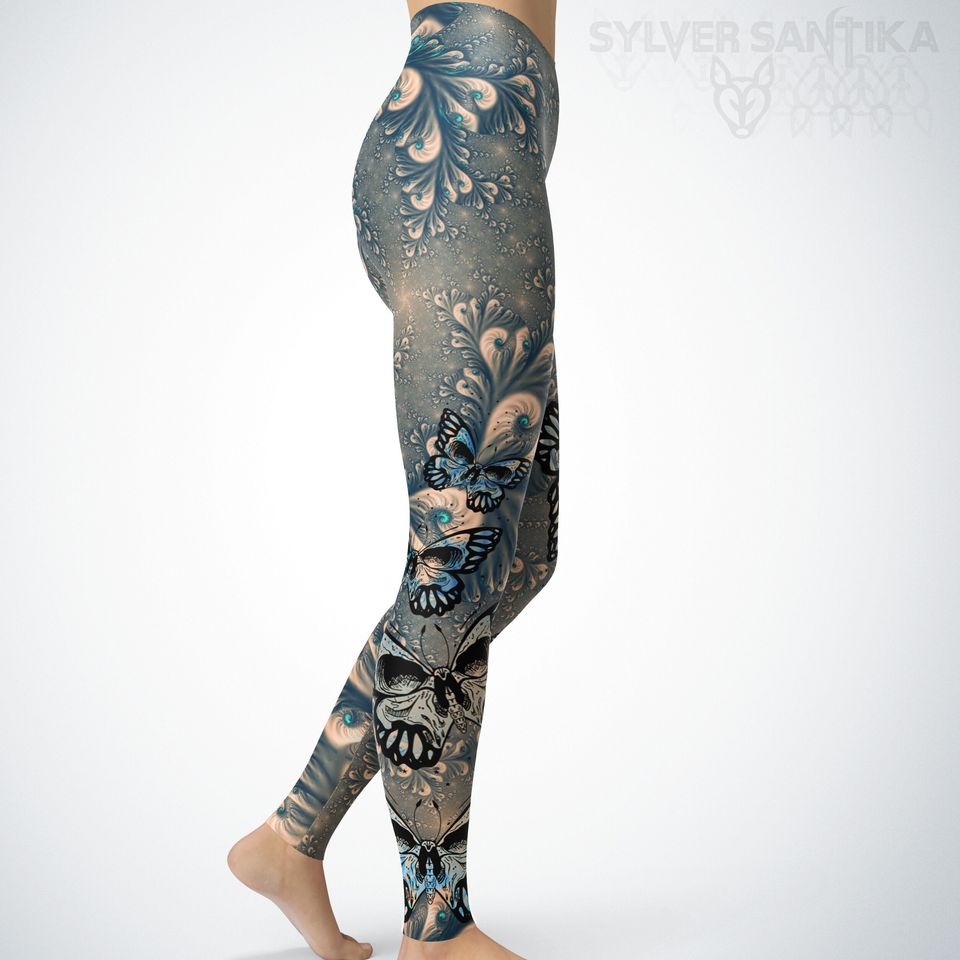 Skull Leggings Day of the Dead Skull Butterfly Leggings Blue Fractal