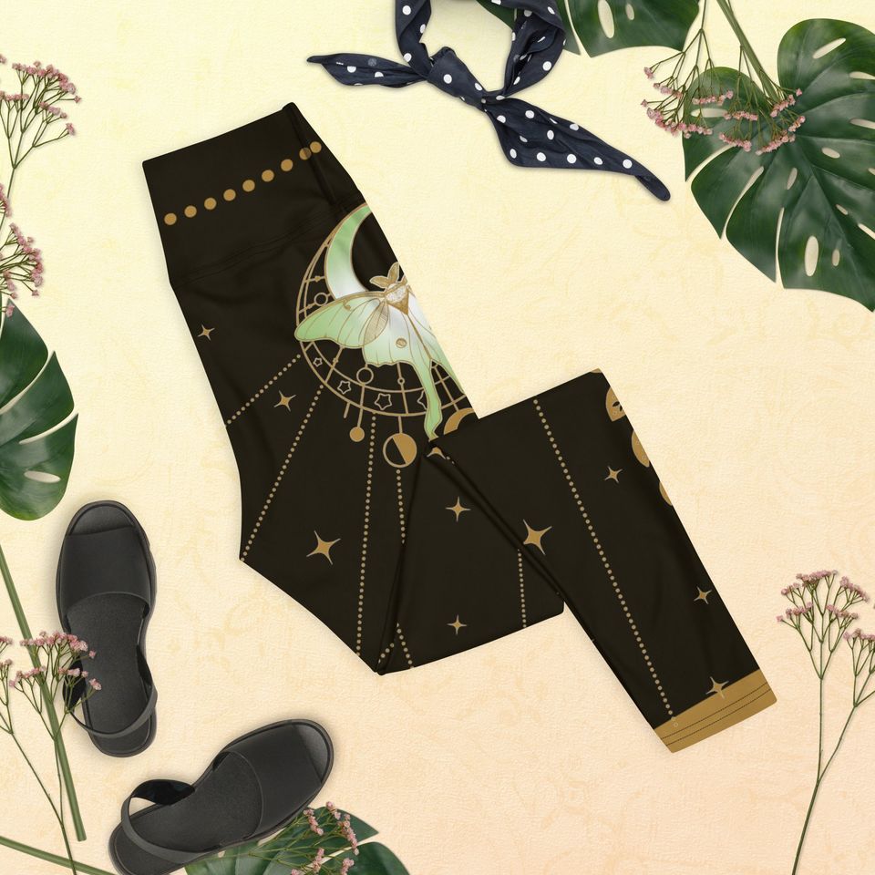 Luna Moth Witchy Yoga Leggings Hippy Boho Esoteric Luna Moth Meditation Pants
