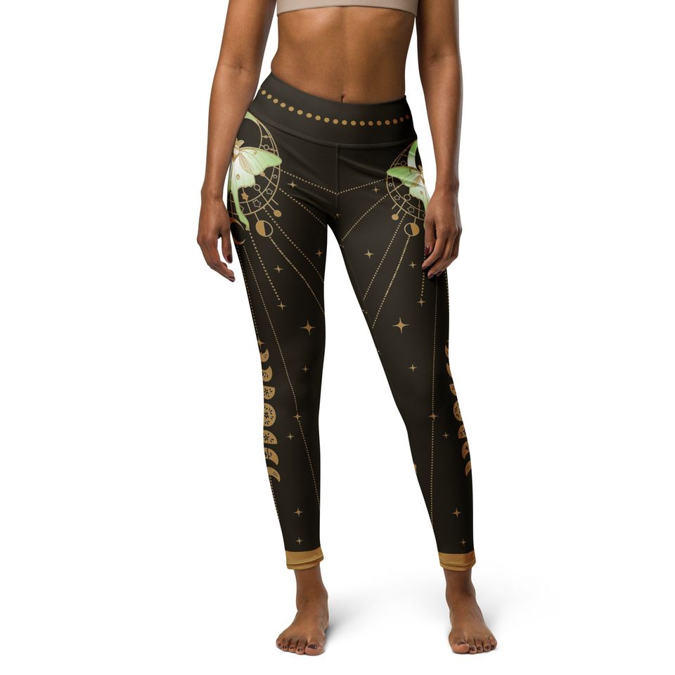 Luna Moth Witchy Yoga Leggings Hippy Boho Esoteric Luna Moth Meditation Pants