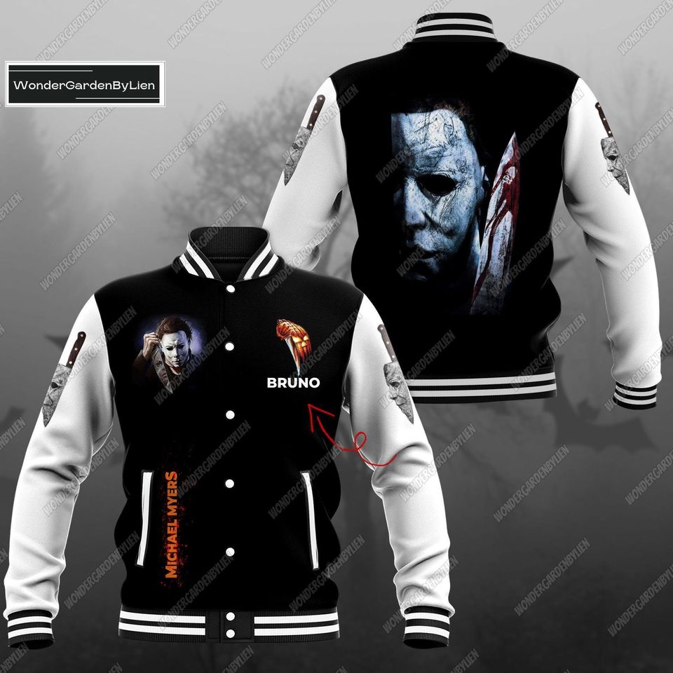 Personalized Michael Myers Colorful Baseball Jacket, Custom Halloween Baseball Jacket, Horror Movie Characters Baseball Jacket Man