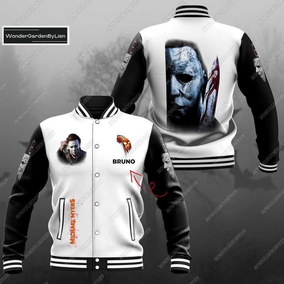 Personalized Michael Myers Colorful Baseball Jacket, Custom Halloween Baseball Jacket, Horror Movie Characters Baseball Jacket Man
