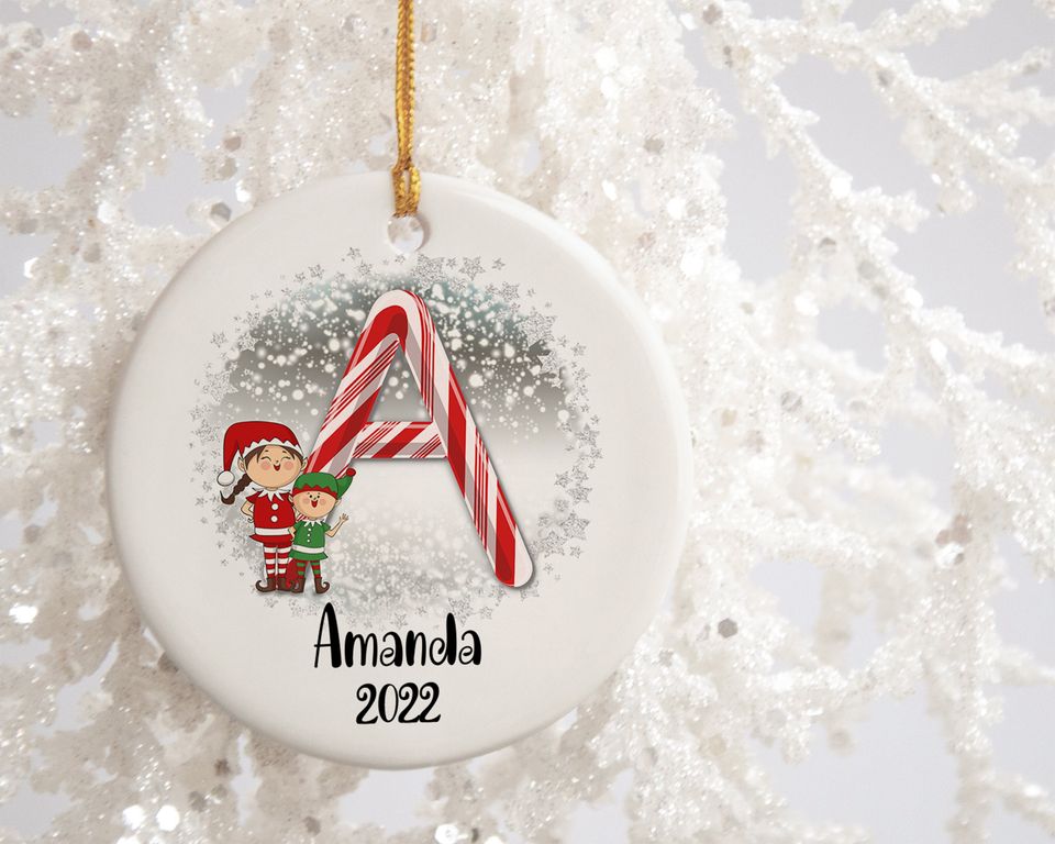 Elf Christmas Ornaments, Personalized Monogram Alphabet Ornament, Candy Cane Custom  Christmas Ornament, Custom Initial Ornament