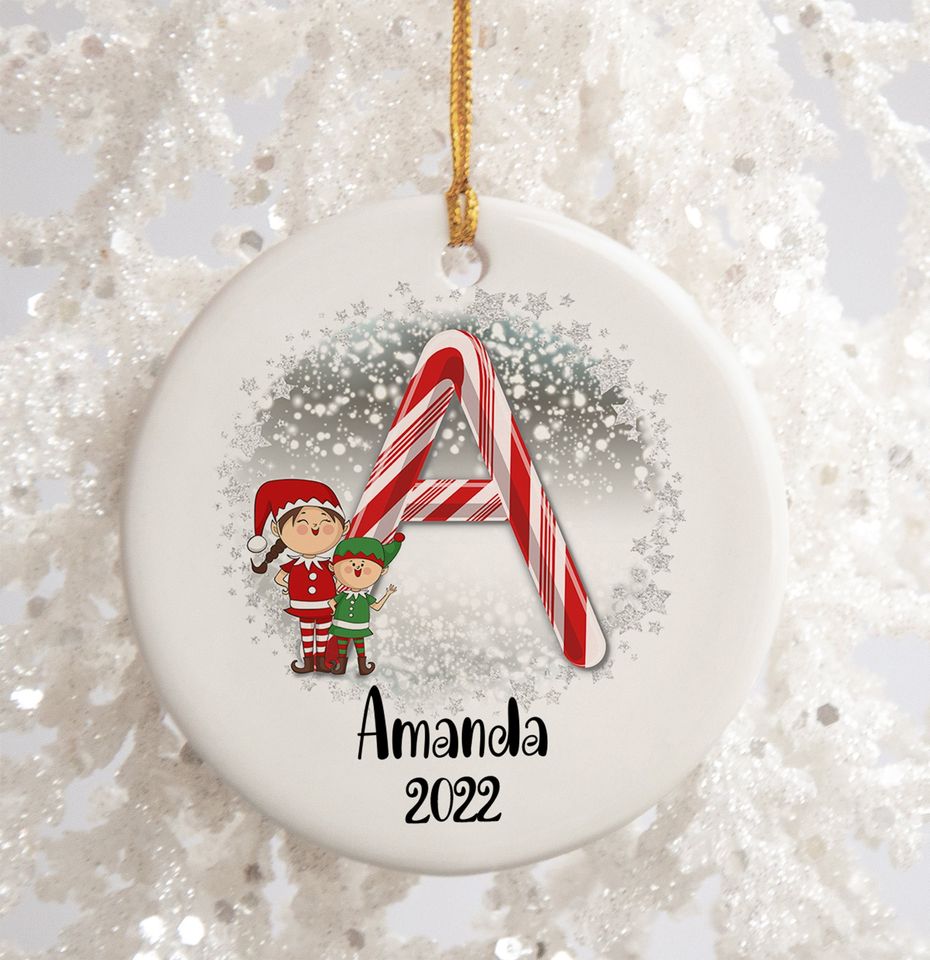 Elf Christmas Ornaments, Personalized Monogram Alphabet Ornament, Candy Cane Custom  Christmas Ornament, Custom Initial Ornament