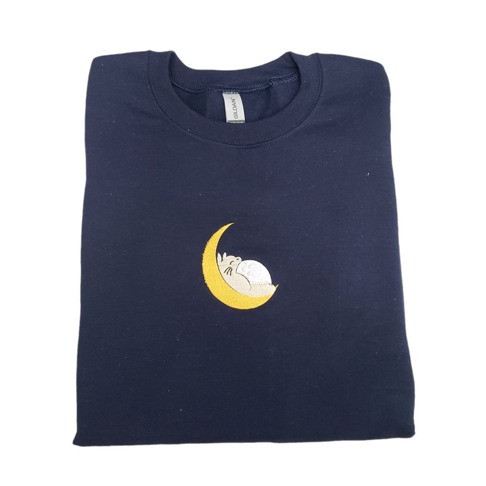 Anime Forest Rabbit Sleeping Moon Embroidered Sweater Navy Blue