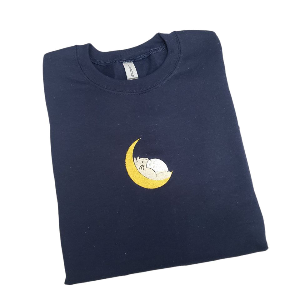 Anime Forest Rabbit Sleeping Moon Embroidered Sweater Navy Blue